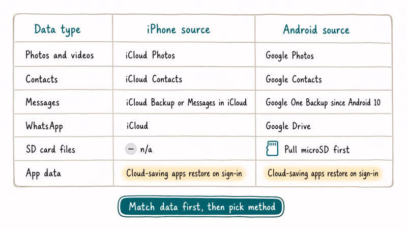 Matrix mapping photos contacts messages WhatsApp SD card and app data to cloud backups
