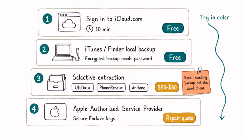 Four tier iPhone recovery flow from iCloud through backup to Apple service