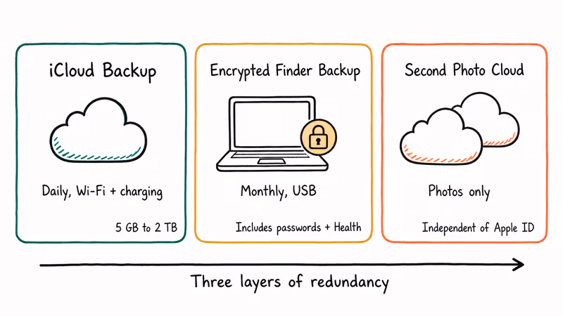Three cards showing iCloud Finder backup and second photo cloud safeguards.