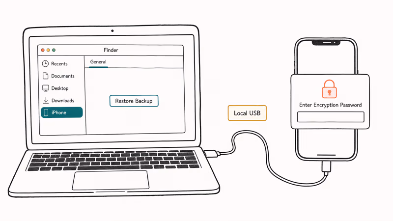 MacBook connected to iPhone with Finder Restore Backup and password prompt.