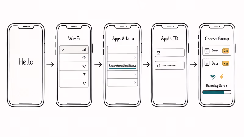 Flowchart of iPhone setup screens showing iCloud restore from Hello to progress.