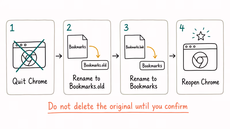 Four-step Chrome file rename flow restoring bookmarks from Bookmarks.bak