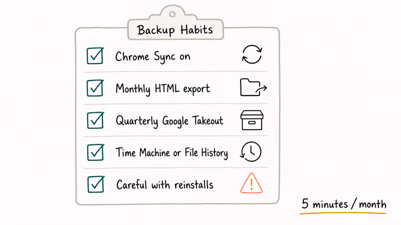 Checklist of Chrome bookmark backup habits including sync, export, and OS backups
