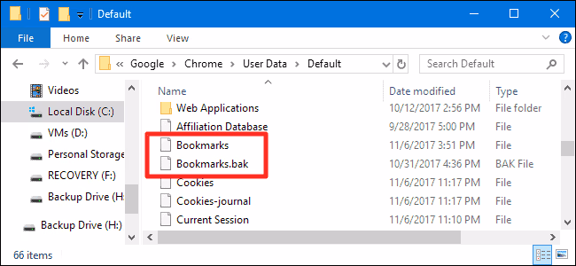 Recover deleted bookmarks in Chrome through Backup Files on Windows