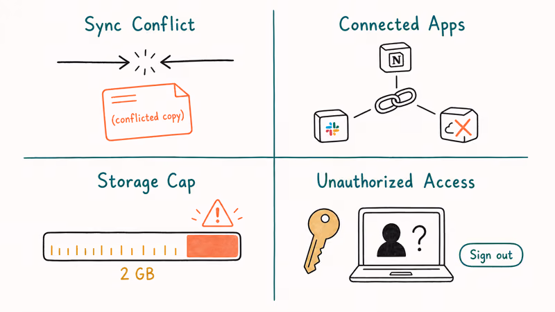Four-quadrant grid of sync conflicts, connected apps, storage cap, and unauthorized access causes