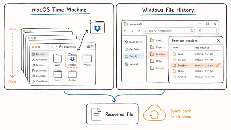 Side-by-side panels of Time Machine and File History restoring a Dropbox folder back online
