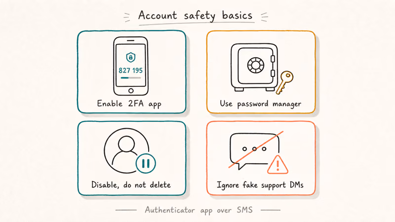 Four tile checklist showing 2FA password manager disable option and phishing awareness for Discord