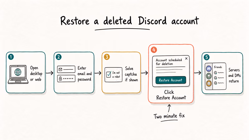 Five step flowchart for restoring a deleted Discord account during the grace window