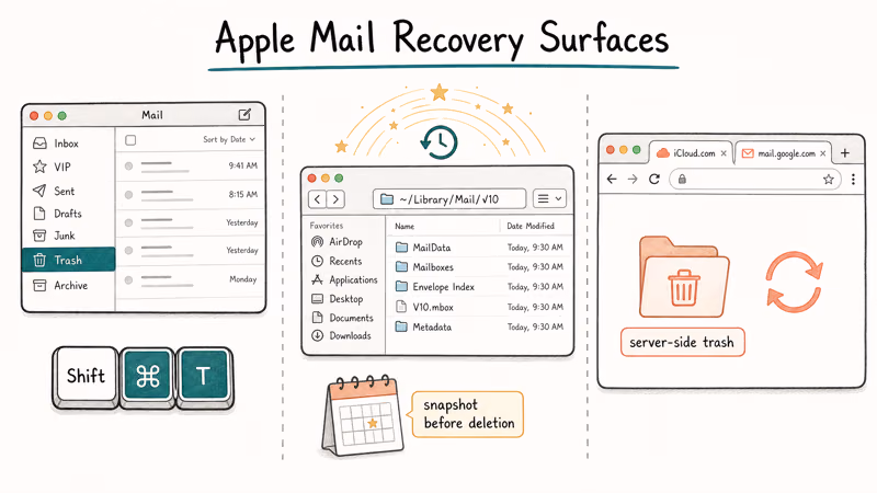 Apple Mail recovery options using Trash, Time Machine, and IMAP server Trash.