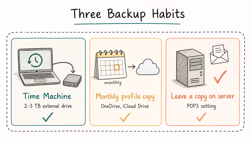 Three backup habits Time Machine external drive, monthly profile cloud copy, and POP3 leave-on-server setting.