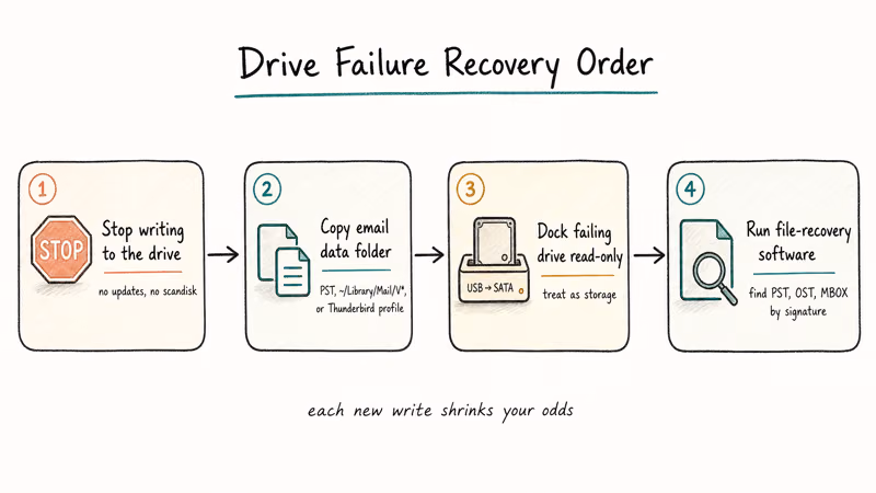Hand-drawn flowchart showing four disk-level email recovery steps after a hard drive failure event.