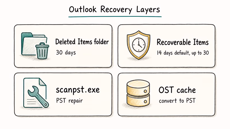 Diagram showing Outlook recovery paths across Deleted Items and repair tools.