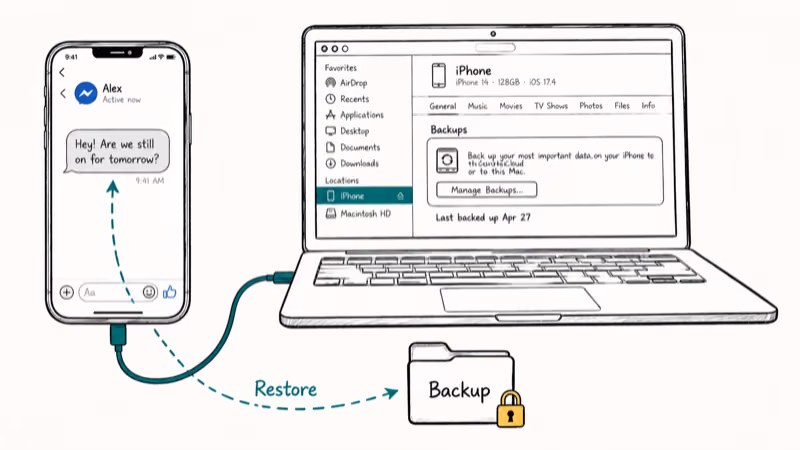 iPhone connected to Mac Finder restoring encrypted Messenger backup data
