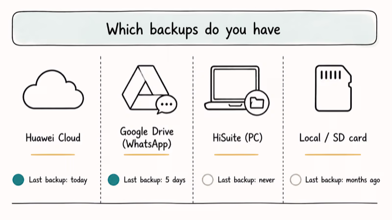 Diagnostic comparing Huawei Cloud, Google Drive, HiSuite, and SD card backups