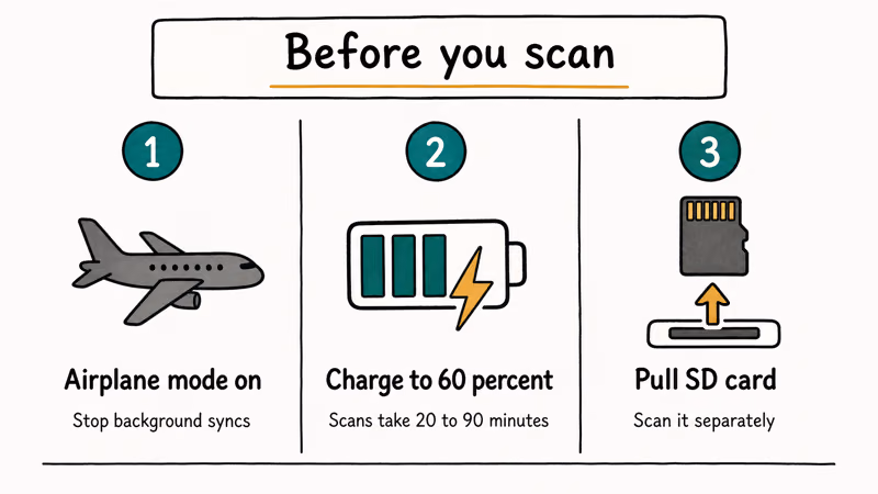 Three-step preparation checklist showing airplane mode, sixty percent battery charge, and SD card removal icons.
