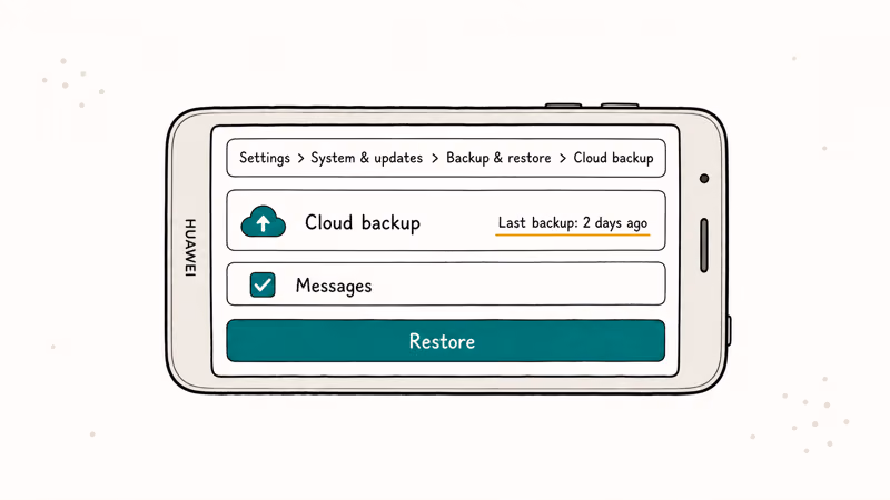 Huawei Cloud Backup restore screen with Messages checked and recent timestamp
