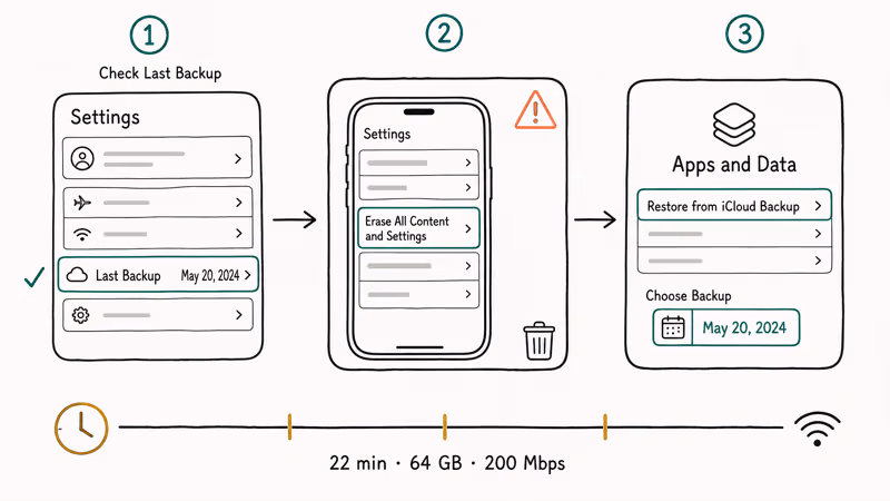 Horizontal flowchart showing three steps to restore iPhone from iCloud Backup with timing notes below.