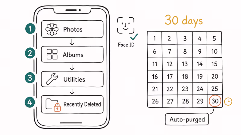 iPhone Photos navigation to Recently Deleted with countdown calendar
