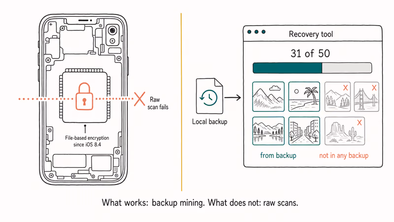 Diagram comparing encrypted iPhone storage and local backup photo recovery