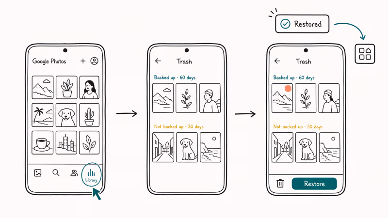 Google Photos restore flow across three phone screens with sixty and thirty day labels