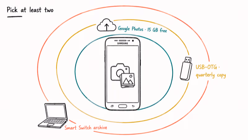 Galaxy phone wrapped in three backup layers showing Google Photos USB drive and Smart Switch