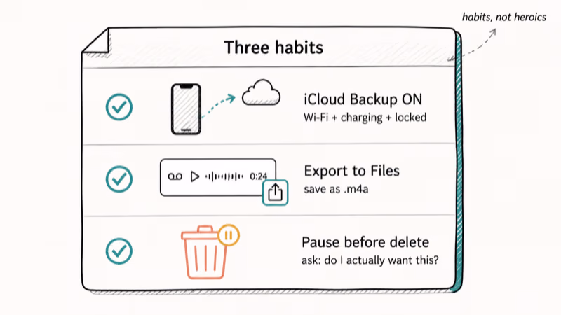 Checklist of three voicemail prevention habits including iCloud Backup, exporting recordings, and pausing before deleting.