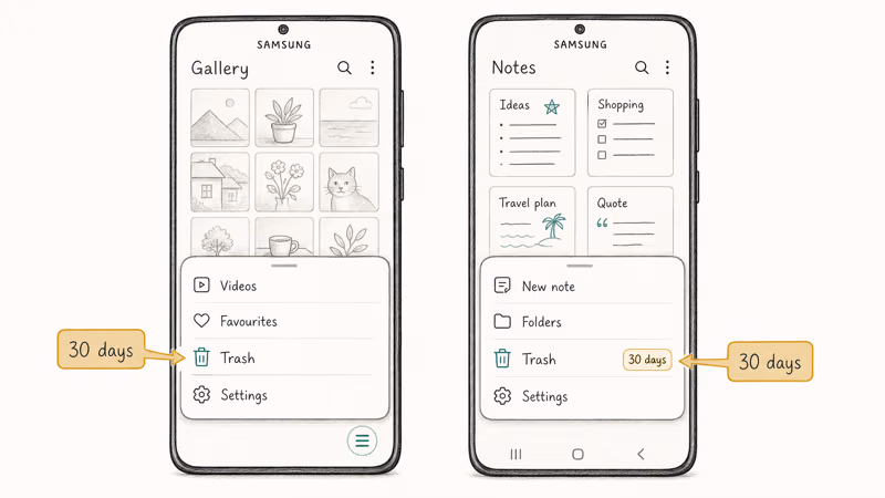 Galaxy phones showing Samsung Gallery and Notes Trash recovery windows