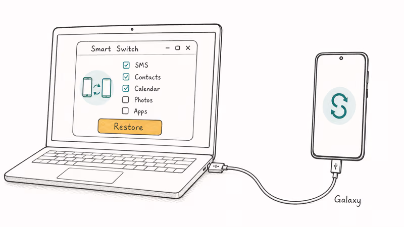 Laptop running Samsung Smart Switch selective restore connected by USB cable to a Galaxy phone