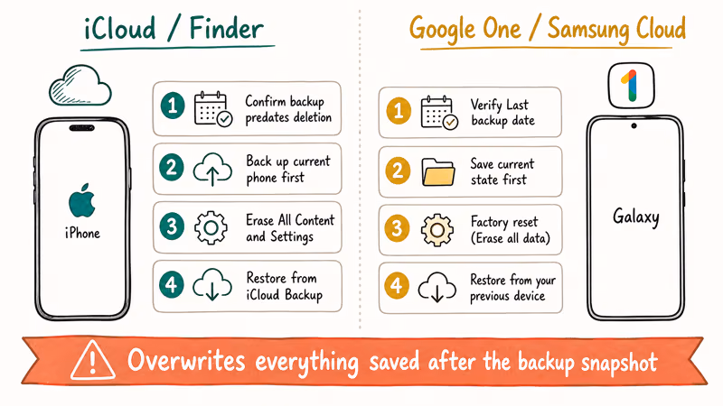 Comparison of iCloud and Google One backup restore paths with overwrite tradeoff warning