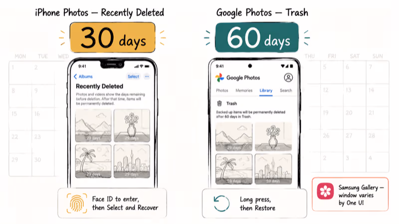 iPhone Photos thirty day window versus Google Photos sixty day trash retention comparison