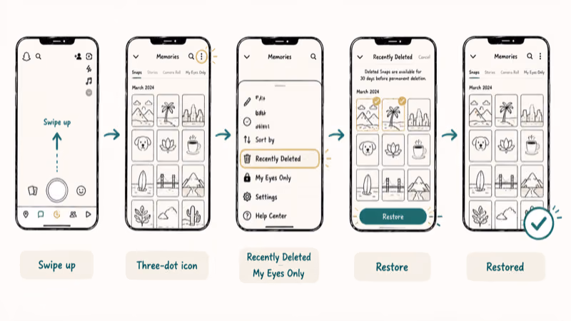 Step flow restoring saved Snaps from Snapchat Memories Recently Deleted using three dot icon