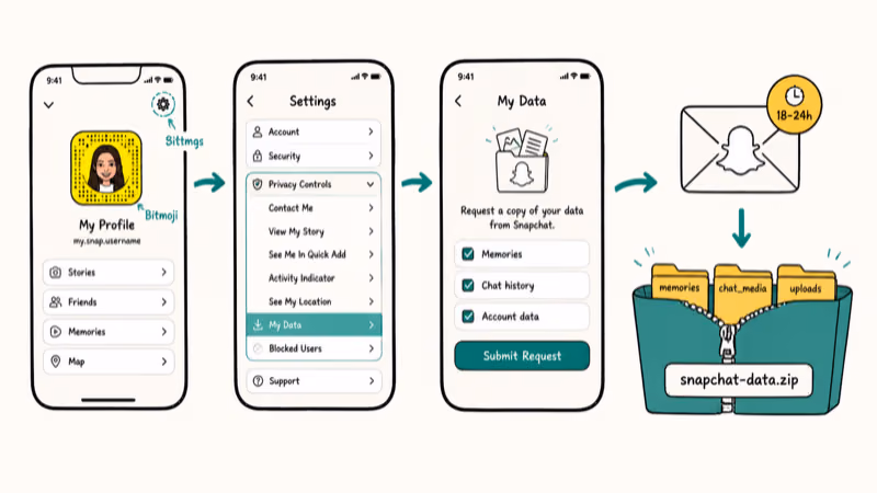 Snapchat My Data export workflow from Privacy Controls request to ZIP download via email
