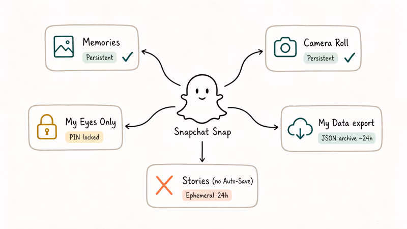 Diagram showing five Snapchat storage surfaces and which keep persistent photo copies