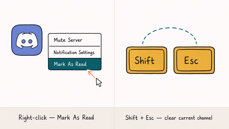 Hand-drawn split image showing right-click Mark As Read menu and Shift Esc keyboard shortcut