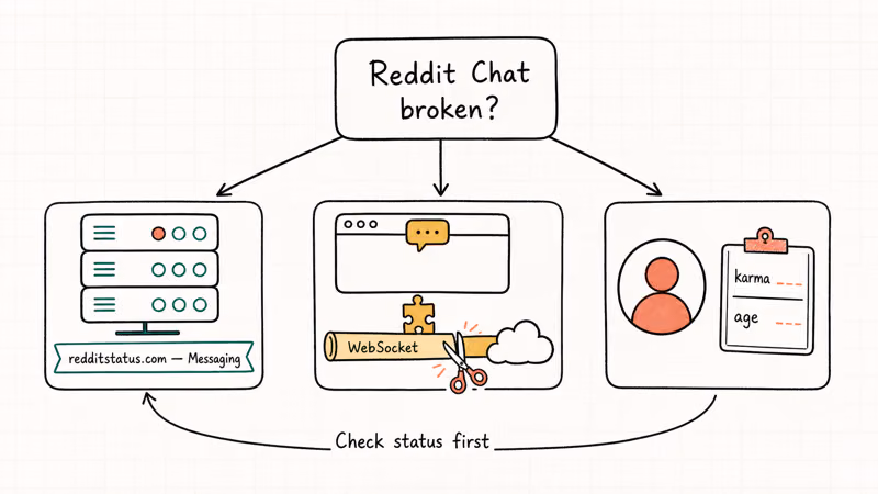 Reddit Chat triage diagram split across server, network, browser, and account