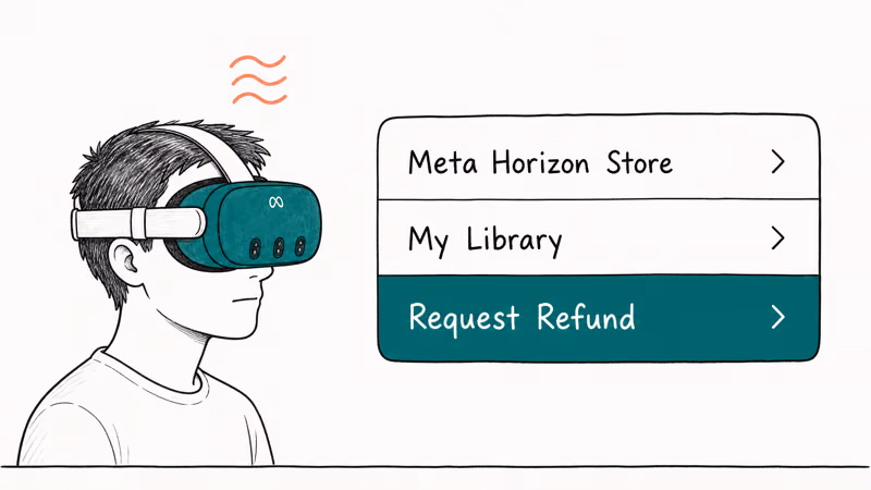 Person wearing a Quest headset views an in-headset menu showing the Request Refund path.