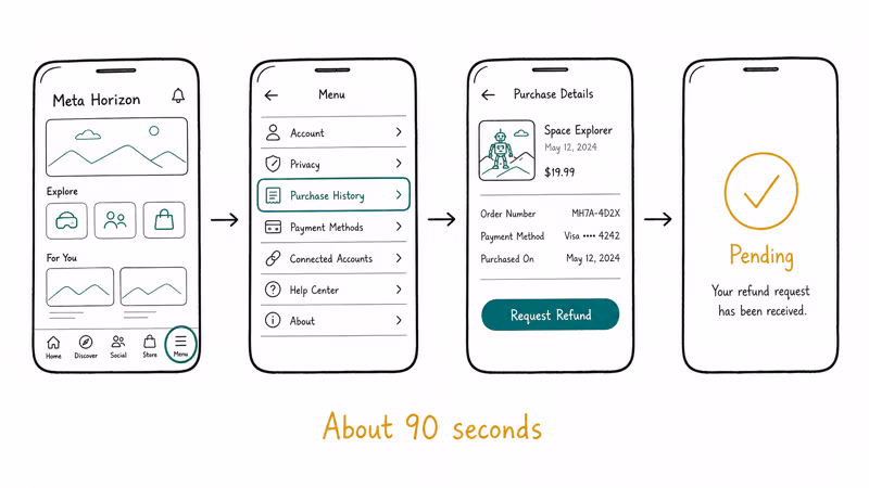 Four phone screens illustrating the Meta Horizon app refund path from menu to confirmation.