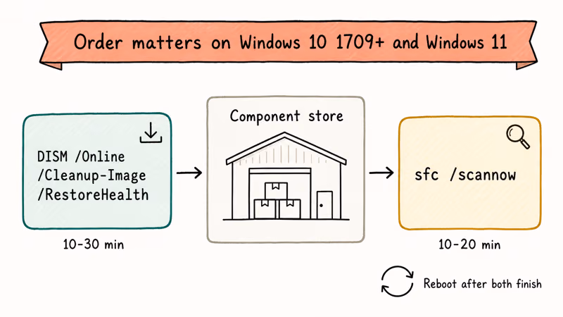Flowchart showing DISM RestoreHealth repairs the component store before sfc scannow can succeed.