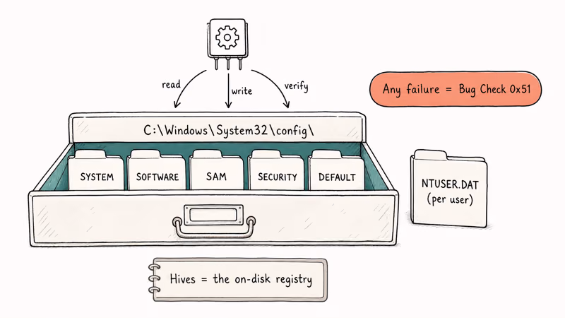 Diagram showing six Windows registry hive files stored in the System32 config folder.