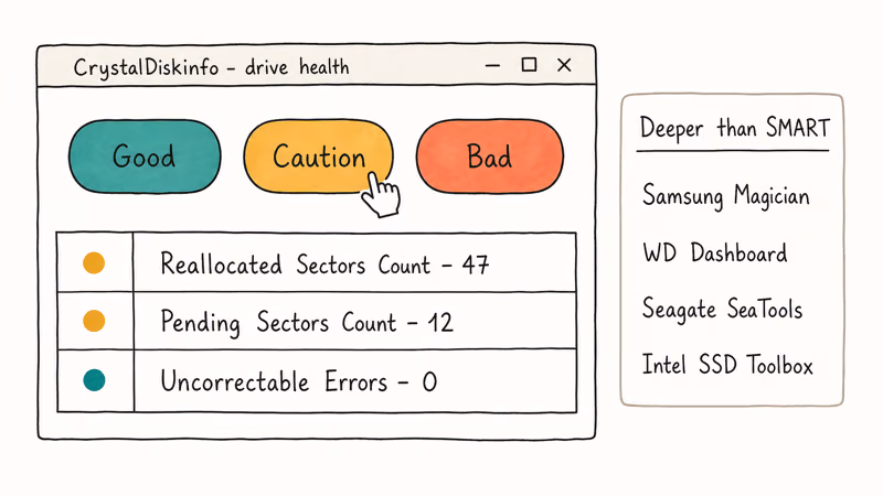 SMART attributes panel highlighting reallocated sectors, pending sectors, and uncorrectable errors counters.