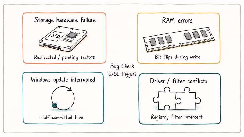 Four trigger buckets for REGISTRY_ERROR: storage failure, RAM errors, Windows updates, and driver conflicts.