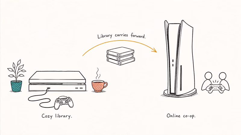 Hand-drawn comparison of PS4 and PS5 consoles with library carries forward arrow for cozy gaming