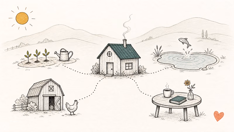 Cozy farm vignette showing crops, fishing pond, barn, and tea table