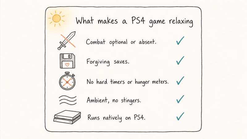 Hand-drawn checklist of five criteria that define a truly relaxing PS4 game in 2026