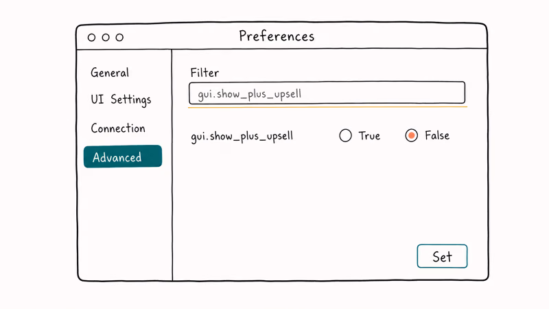 Hand-drawn uTorrent Preferences Advanced pane showing filter box and a setting flipped to False.