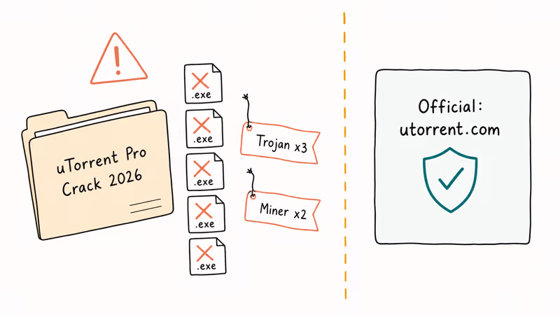 Hand-drawn warning showing five flagged crack executables versus the safe official download path.