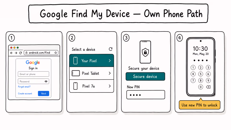Four-step illustration of using Google Find My Device to reset your own Android lock screen.