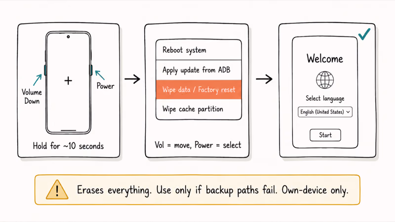 Three-frame factory reset via Android recovery menu showing key combo wipe option and fresh setup.