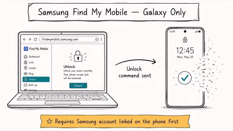 Hand-drawn Samsung Find My Mobile website unlocking a Galaxy phone screen lock through the linked account.
