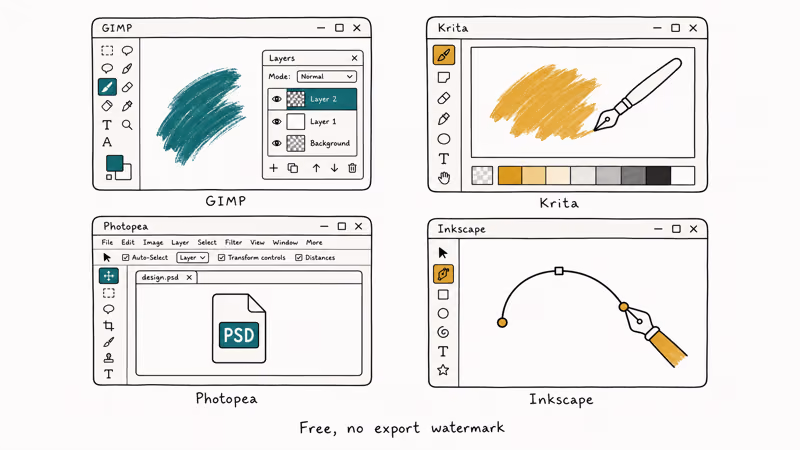 Hand-drawn lineup of four free editors GIMP Krita Photopea and Inkscape with tool icons
